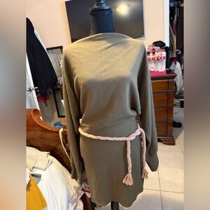 Olive Green Long Sleeve Dress with Rope Belt